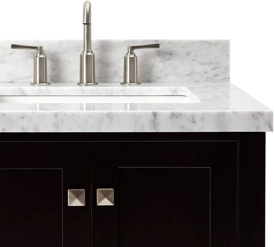 ARIEL 37" Espresso Bathroom Vanity with 1.5" Edge Italian Carrara Marble Countertop & Splash, Right Rectangular Sink, 2 Soft Closing Doors, 5 Full Extension Dovetail Drawers, Brushed Nickel