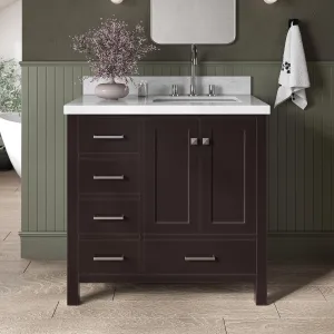 ARIEL 37" Espresso Bathroom Vanity with 1.5" Edge Italian Carrara Marble Countertop & Splash, Right Rectangular Sink, 2 Soft Closing Doors, 5 Full Extension Dovetail Drawers, Brushed Nickel