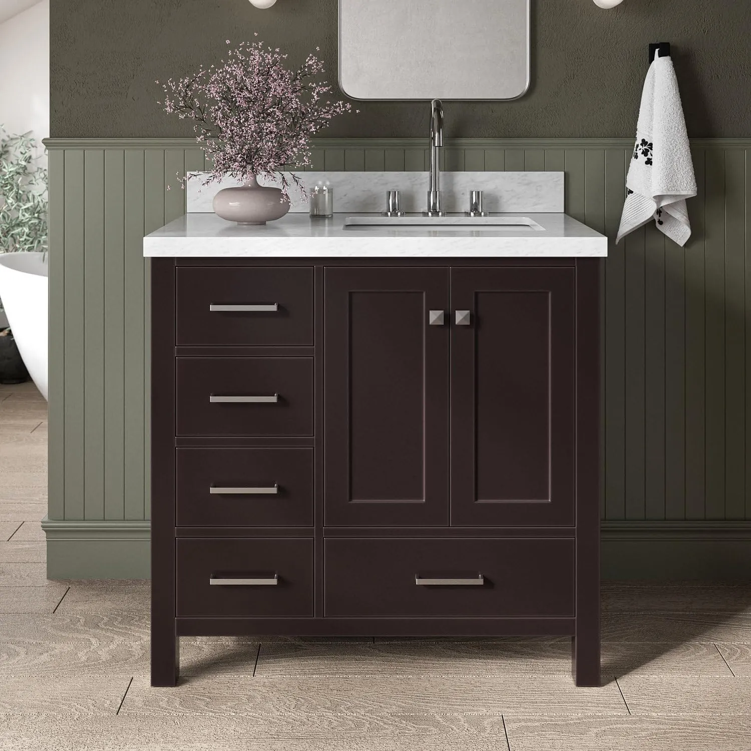 ARIEL 37" Espresso Bathroom Vanity with 1.5" Edge Italian Carrara Marble Countertop & Splash, Right Rectangular Sink, 2 Soft Closing Doors, 5 Full Extension Dovetail Drawers, Brushed Nickel