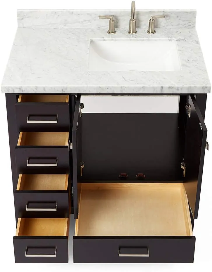 ARIEL 37" Espresso Bathroom Vanity with 1.5" Edge Italian Carrara Marble Countertop & Splash, Right Rectangular Sink, 2 Soft Closing Doors, 5 Full Extension Dovetail Drawers, Brushed Nickel