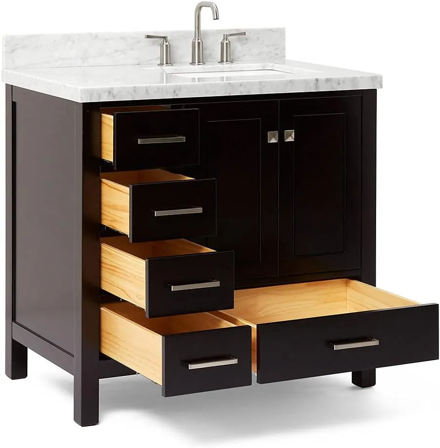 ARIEL 37" Espresso Bathroom Vanity with 1.5" Edge Italian Carrara Marble Countertop & Splash, Right Rectangular Sink, 2 Soft Closing Doors, 5 Full Extension Dovetail Drawers, Brushed Nickel