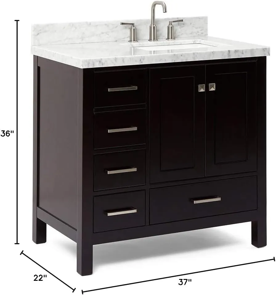 ARIEL 37" Espresso Bathroom Vanity with 1.5" Edge Italian Carrara Marble Countertop & Splash, Right Rectangular Sink, 2 Soft Closing Doors, 5 Full Extension Dovetail Drawers, Brushed Nickel