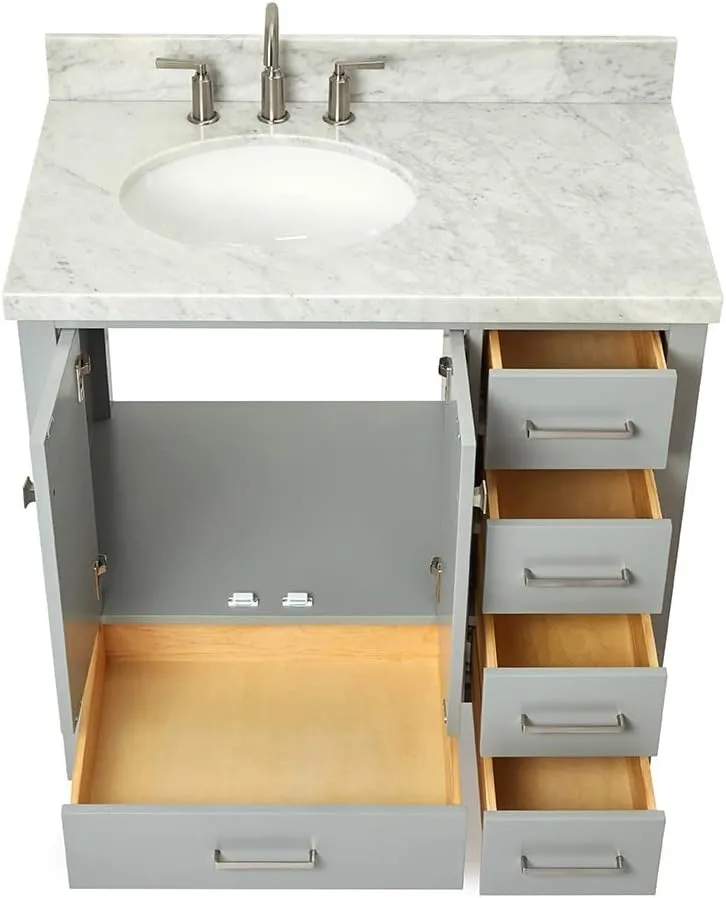 ARIEL 37" Grey Bathroom Vanity with 1.5" Edge Italian Carrara Marble Countertop & Backsplash, Left Oval Sink, 2 Soft Closing Doors, 5 Full Extension Dovetail Drawers, Brushed Nickel