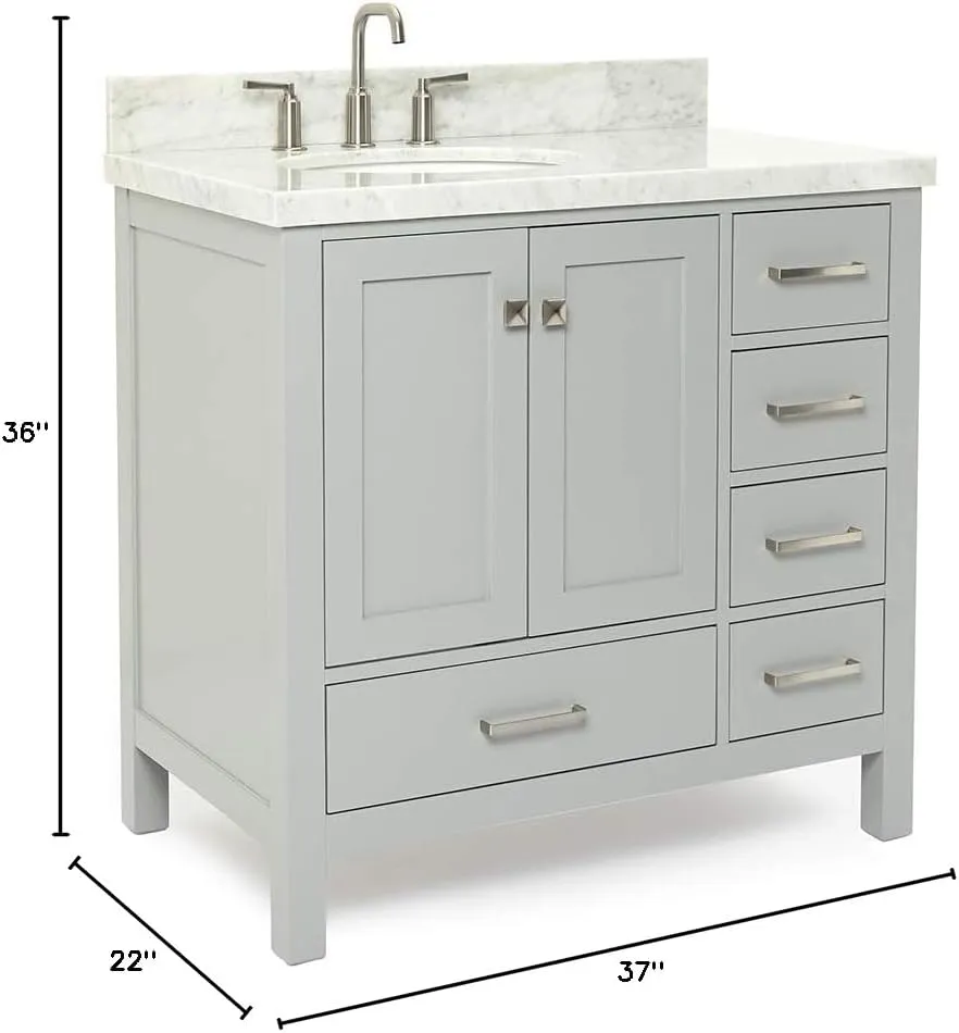 ARIEL 37" Grey Bathroom Vanity with 1.5" Edge Italian Carrara Marble Countertop & Backsplash, Left Oval Sink, 2 Soft Closing Doors, 5 Full Extension Dovetail Drawers, Brushed Nickel