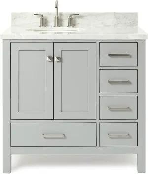 ARIEL 37" Grey Bathroom Vanity with 1.5" Edge Italian Carrara Marble Countertop & Backsplash, Left Oval Sink, 2 Soft Closing Doors, 5 Full Extension Dovetail Drawers, Brushed Nickel