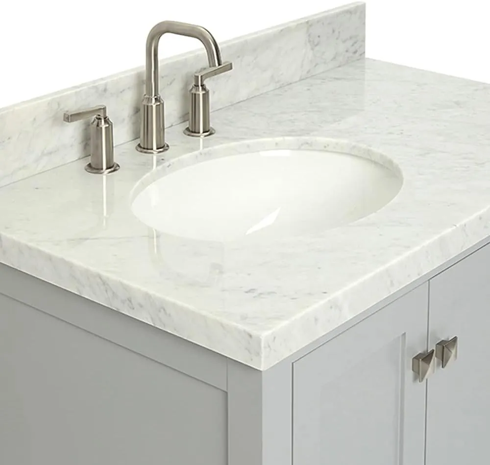 ARIEL 37" Grey Bathroom Vanity with 1.5" Edge Italian Carrara Marble Countertop & Backsplash, Left Oval Sink, 2 Soft Closing Doors, 5 Full Extension Dovetail Drawers, Brushed Nickel