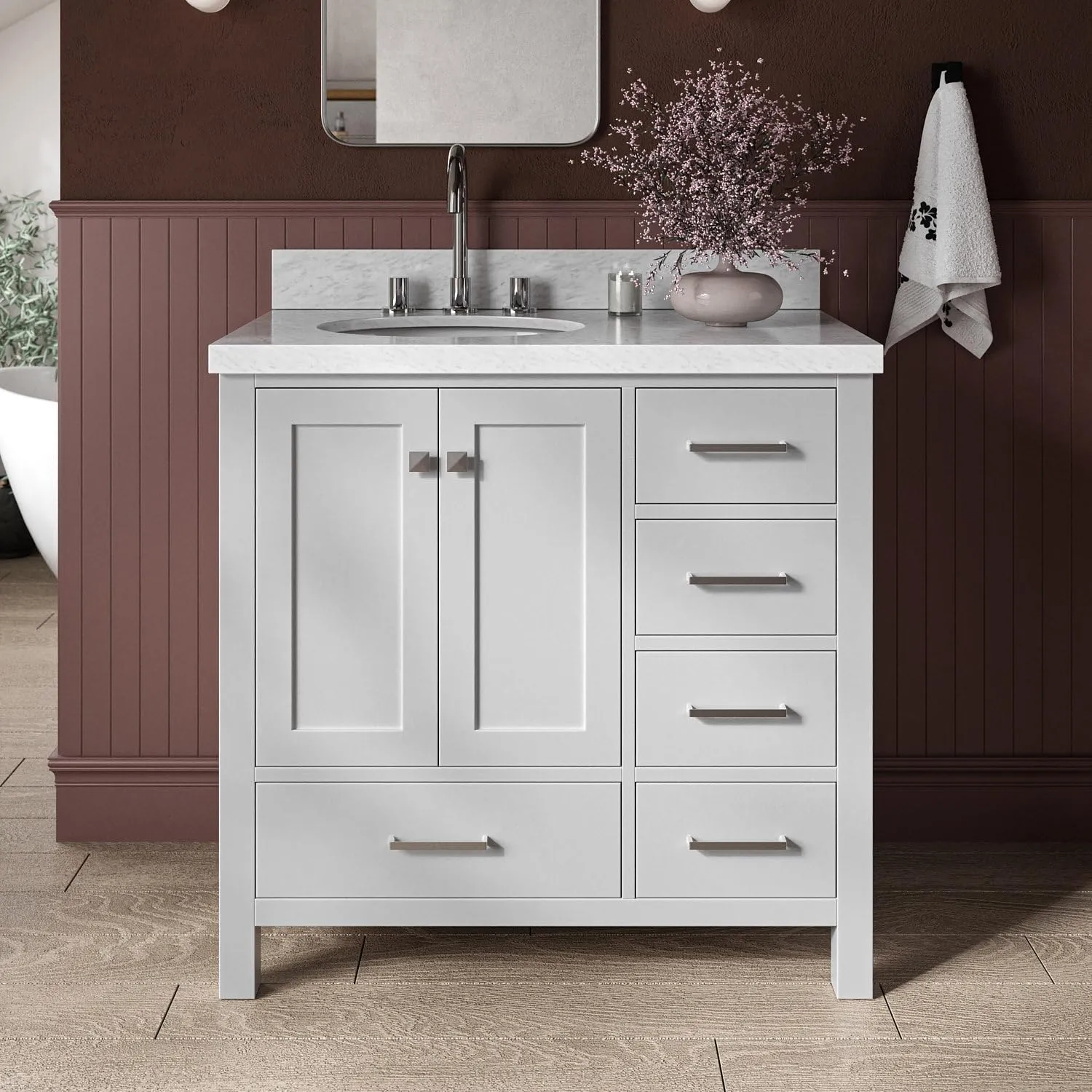 ARIEL 37" Grey Bathroom Vanity with 1.5" Edge Italian Carrara Marble Countertop & Backsplash, Left Oval Sink, 2 Soft Closing Doors, 5 Full Extension Dovetail Drawers, Brushed Nickel
