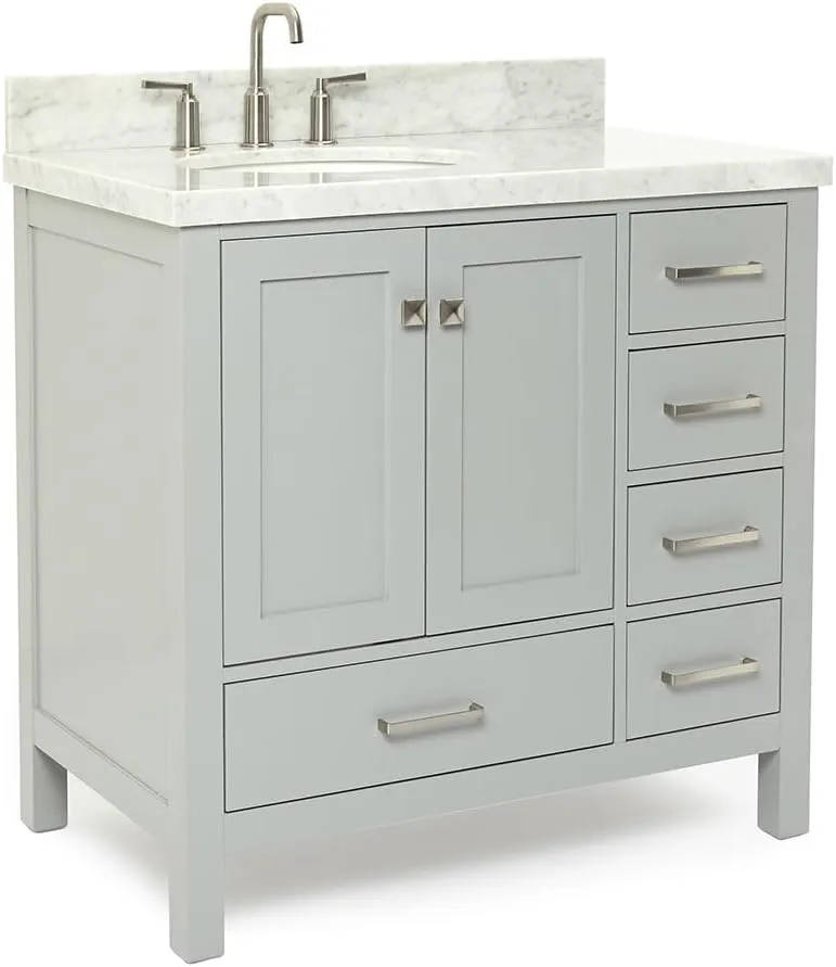 ARIEL 37" Grey Bathroom Vanity with 1.5" Edge Italian Carrara Marble Countertop & Backsplash, Left Oval Sink, 2 Soft Closing Doors, 5 Full Extension Dovetail Drawers, Brushed Nickel