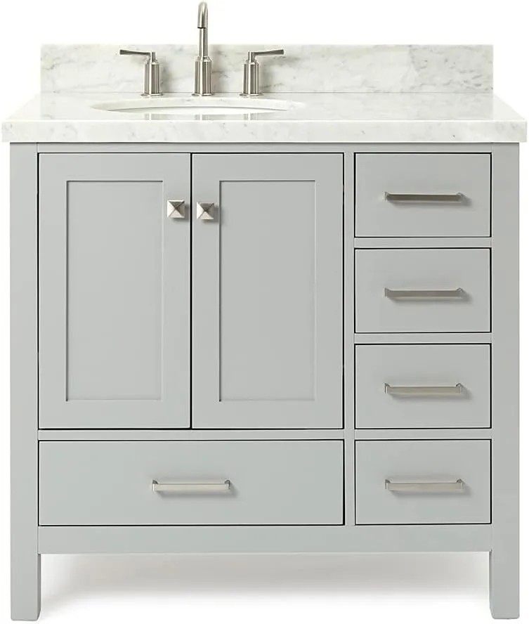 ARIEL 37" Grey Bathroom Vanity with 1.5" Edge Italian Carrara Marble Countertop & Backsplash, Left Oval Sink, 2 Soft Closing Doors, 5 Full Extension Dovetail Drawers, Brushed Nickel
