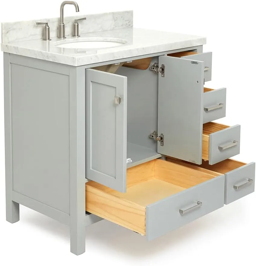 ARIEL 37" Grey Bathroom Vanity with 1.5" Edge Italian Carrara Marble Countertop & Backsplash, Left Oval Sink, 2 Soft Closing Doors, 5 Full Extension Dovetail Drawers, Brushed Nickel