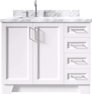 ARIEL 43" White Bathroom Vanity 1.5" Edge Italian Carrara Marble Countertop & Splash, Left Rectangular Sink, 2 Soft Closing Doors, 5 Full Extension Dovetail Drawers, Brushed Nickel
