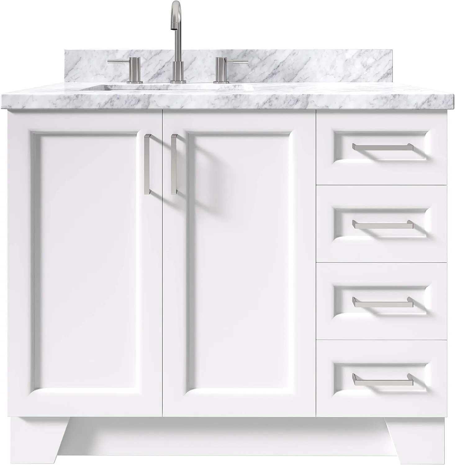 ARIEL 43" White Bathroom Vanity 1.5" Edge Italian Carrara Marble Countertop & Splash, Left Rectangular Sink, 2 Soft Closing Doors, 5 Full Extension Dovetail Drawers, Brushed Nickel