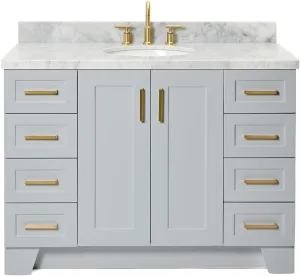 ARIEL 49" Grey Bathroom Vanity with 1.5" Edge Italian Carrara Marble Countertop & Backsplash, Center Oval Sink, 2 Soft Closing Doors, 9 Full Extension Dovetail Drawers, Toe Kick, Satin Brass