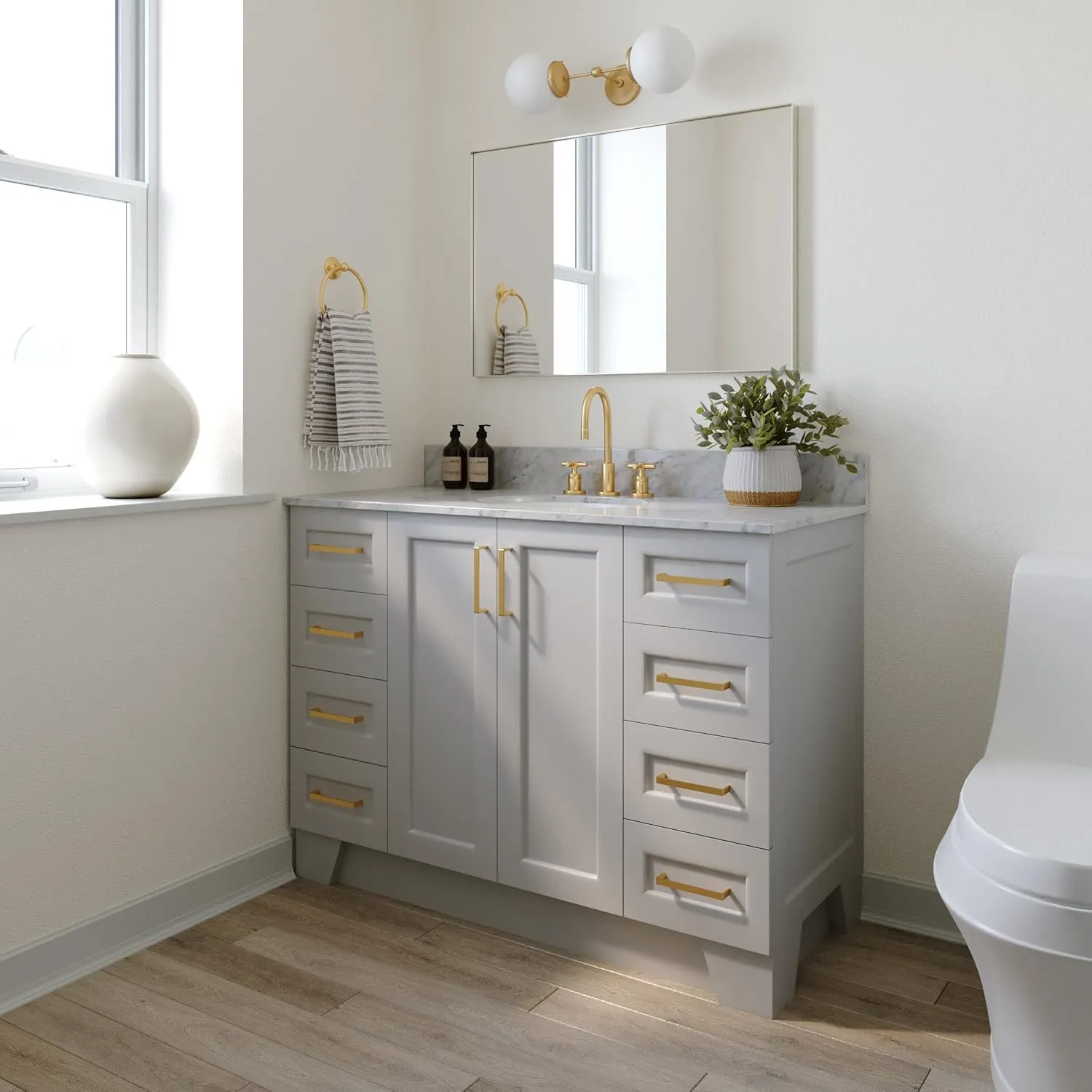 ARIEL 49" Grey Bathroom Vanity with Italian Carrara Marble Countertop & Backsplash, Center Oval Sink, 2 Soft Closing Doors, 9 Full Extension Dovetail Drawers, Toe Kick, Satin Brass