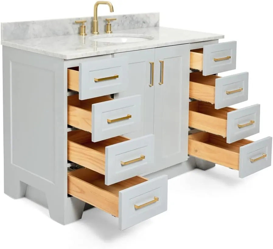 ARIEL 49" Grey Bathroom Vanity with Italian Carrara Marble Countertop & Backsplash, Center Oval Sink, 2 Soft Closing Doors, 9 Full Extension Dovetail Drawers, Toe Kick, Satin Brass