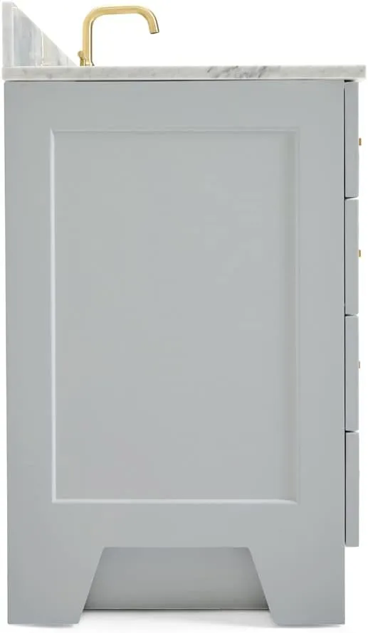 ARIEL 49" Grey Bathroom Vanity with Italian Carrara Marble Countertop & Backsplash, Center Oval Sink, 2 Soft Closing Doors, 9 Full Extension Dovetail Drawers, Toe Kick, Satin Brass