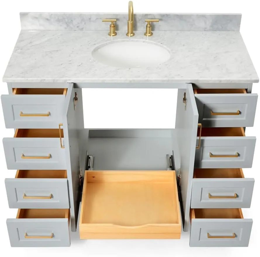 ARIEL 49" Grey Bathroom Vanity with Italian Carrara Marble Countertop & Backsplash, Center Oval Sink, 2 Soft Closing Doors, 9 Full Extension Dovetail Drawers, Toe Kick, Satin Brass