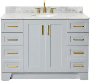 ARIEL 49" Grey Bathroom Vanity with Italian Carrara Marble Countertop & Backsplash, Center Oval Sink, 2 Soft Closing Doors, 9 Full Extension Dovetail Drawers, Toe Kick, Satin Brass