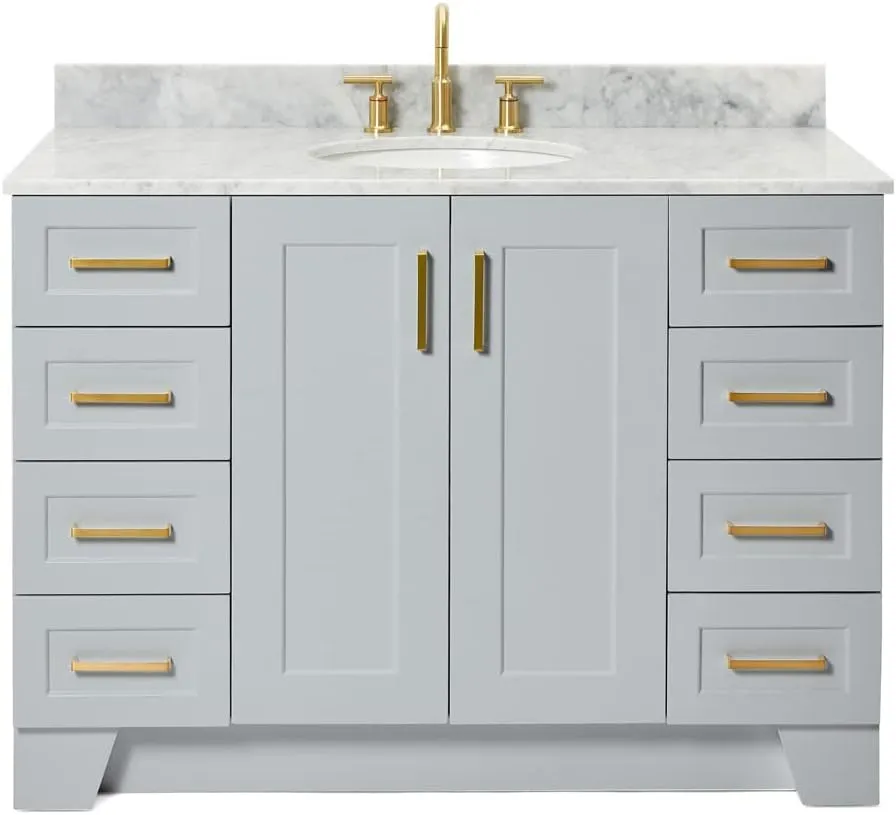 ARIEL 49" Grey Bathroom Vanity with Italian Carrara Marble Countertop & Backsplash, Center Oval Sink, 2 Soft Closing Doors, 9 Full Extension Dovetail Drawers, Toe Kick, Satin Brass