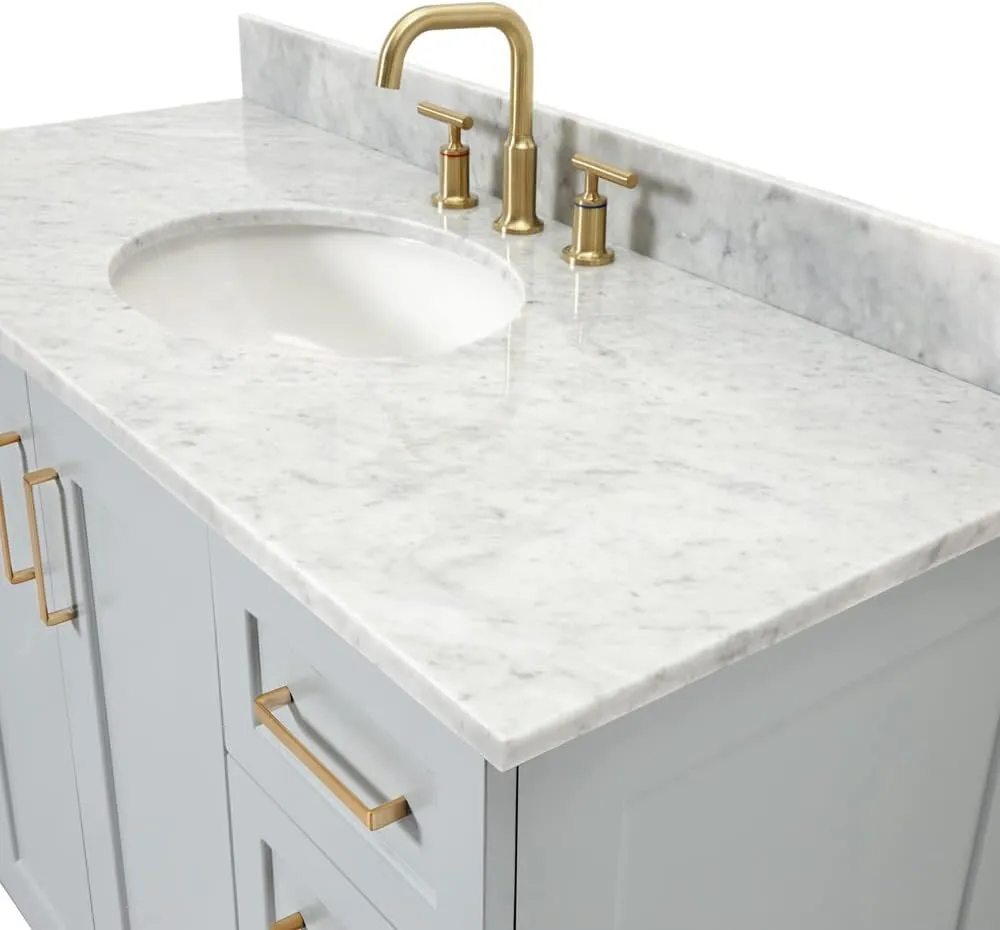ARIEL 49" Grey Bathroom Vanity with Italian Carrara Marble Countertop & Backsplash, Center Oval Sink, 2 Soft Closing Doors, 9 Full Extension Dovetail Drawers, Toe Kick, Satin Brass