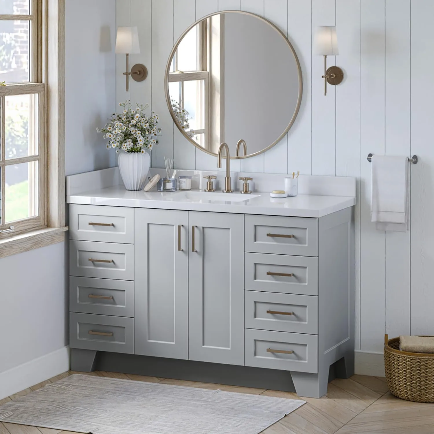 ARIEL 55" Grey Bathroom Vanity with 1.5" Edge Pure White Quartz Countertop & Backsplash, Center Rectangular Sink, 2 Soft Closing Doors, 9 Full Extension Dovetail Drawers, Toe Kick, Satin Brass