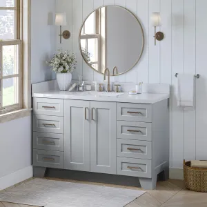 ARIEL 55" Grey Bathroom Vanity with 1.5" Edge Pure White Quartz Countertop & Backsplash, Center Rectangular Sink, 2 Soft Closing Doors, 9 Full Extension Dovetail Drawers, Toe Kick, Satin Brass