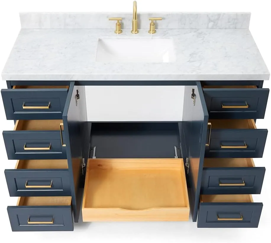ARIEL 55" Midnight Blue Bathroom Vanity, 1.5" Edge Italian Carrara Marble Countertop & Splash, Rectangular Sink, 2 Soft Closing Doors, 9 Full Extension Dovetail Drawers, Toe Kick, Satin Brass