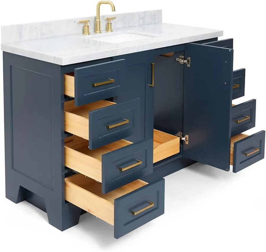 ARIEL 55" Midnight Blue Bathroom Vanity, 1.5" Edge Italian Carrara Marble Countertop & Splash, Rectangular Sink, 2 Soft Closing Doors, 9 Full Extension Dovetail Drawers, Toe Kick, Satin Brass
