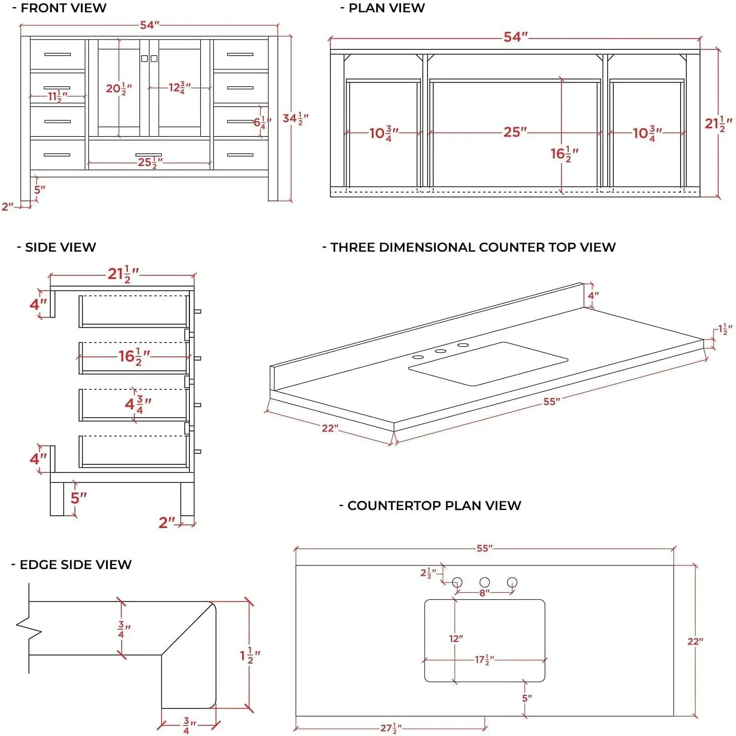 ARIEL 55" Midnight Blue Bathroom Vanity, 1.5" Edge Italian Carrara Marble Countertop & Splash, Rectangular Sink, 2 Soft Closing Doors, 9 Full Extension Dovetail Drawers, Toe Kick, Satin Brass