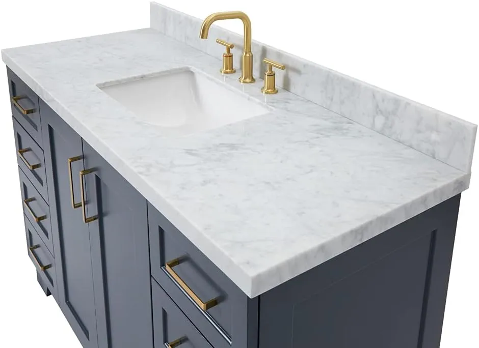 ARIEL 55" Midnight Blue Bathroom Vanity, 1.5" Edge Italian Carrara Marble Countertop & Splash, Rectangular Sink, 2 Soft Closing Doors, 9 Full Extension Dovetail Drawers, Toe Kick, Satin Brass