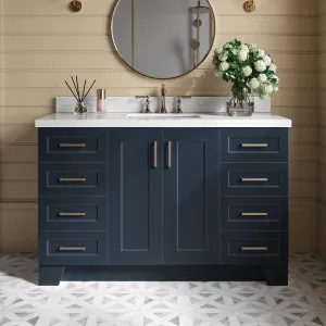 ARIEL 55" Midnight Blue Bathroom Vanity, 1.5" Edge Italian Carrara Marble Countertop & Splash, Rectangular Sink, 2 Soft Closing Doors, 9 Full Extension Dovetail Drawers, Toe Kick, Satin Brass