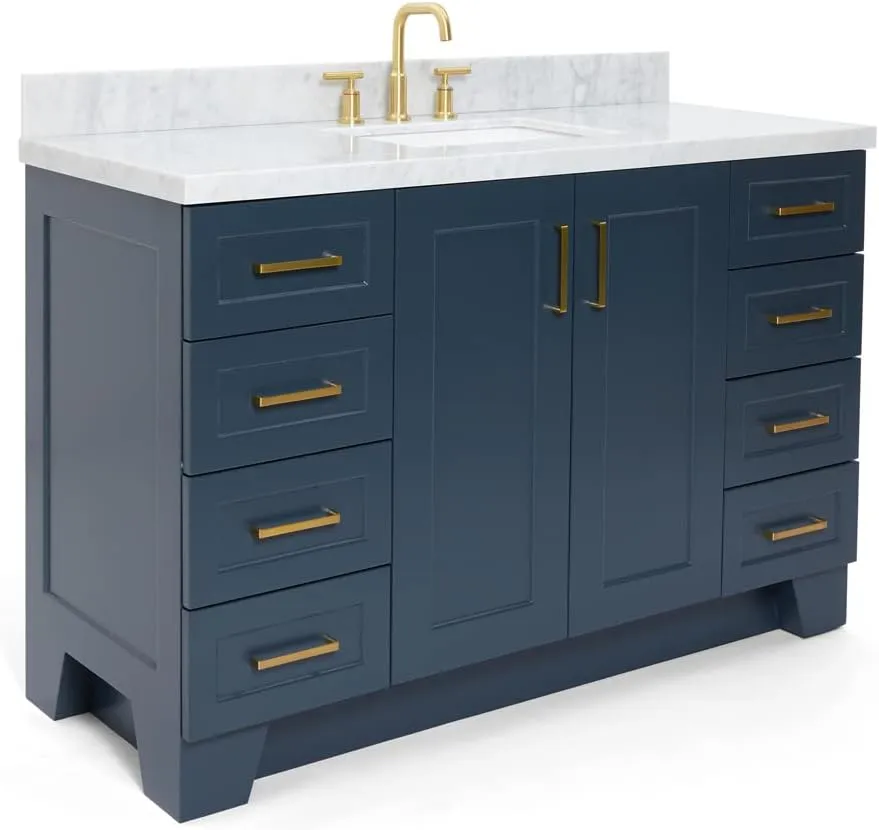 ARIEL 55" Midnight Blue Bathroom Vanity, 1.5" Edge Italian Carrara Marble Countertop & Splash, Rectangular Sink, 2 Soft Closing Doors, 9 Full Extension Dovetail Drawers, Toe Kick, Satin Brass