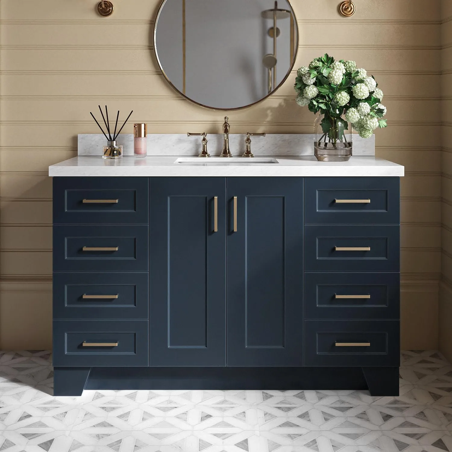 ARIEL 55" Midnight Blue Bathroom Vanity, 1.5" Edge Italian Carrara Marble Countertop & Splash, Rectangular Sink, 2 Soft Closing Doors, 9 Full Extension Dovetail Drawers, Toe Kick, Satin Brass