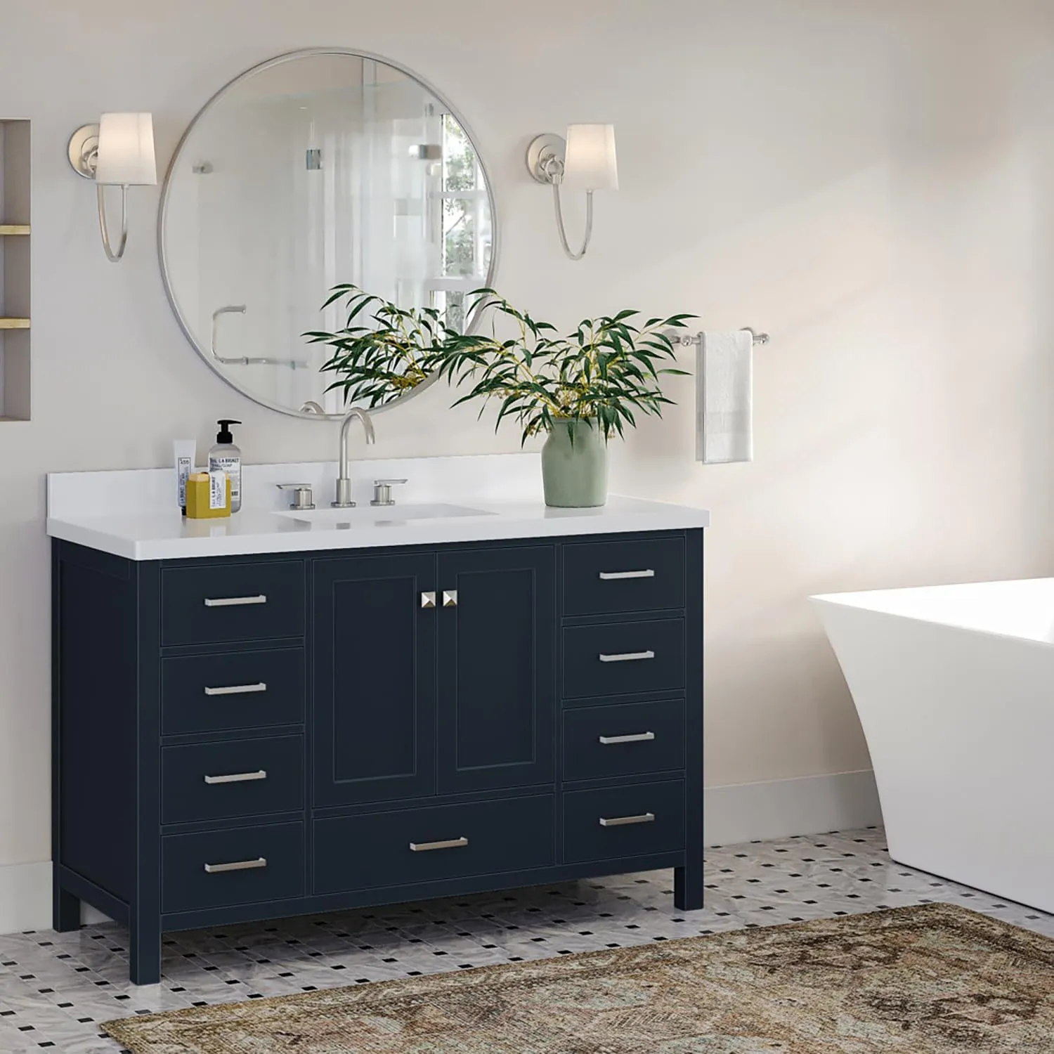 ARIEL 55" Midnight Blue Bathroom Vanity with 1.5" Edge Pure White Quartz Countertop & Backsplash, Center Rectangular Sink, 2 Soft Closing Doors, 9 Full Extension Dovetail Drawers, Satin Nickel