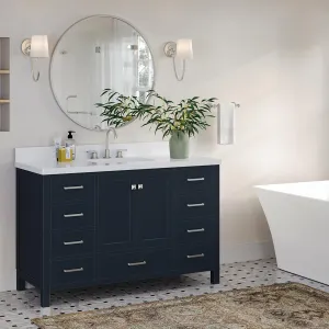ARIEL 55" Midnight Blue Bathroom Vanity with 1.5" Edge Pure White Quartz Countertop & Backsplash, Center Rectangular Sink, 2 Soft Closing Doors, 9 Full Extension Dovetail Drawers, Satin Nickel