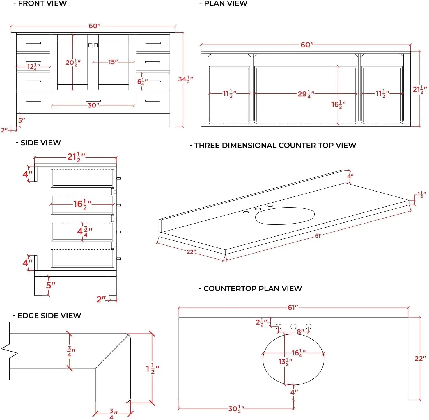 ARIEL 61" Midnight Blue Bathroom Vanity with 1.5" Edge Italian Carrara Marble Countertop & Backsplash, Center Oval Sink, 4 Soft Closing Doors, 6 Full Extension Dovetail Drawers, Satin Brass