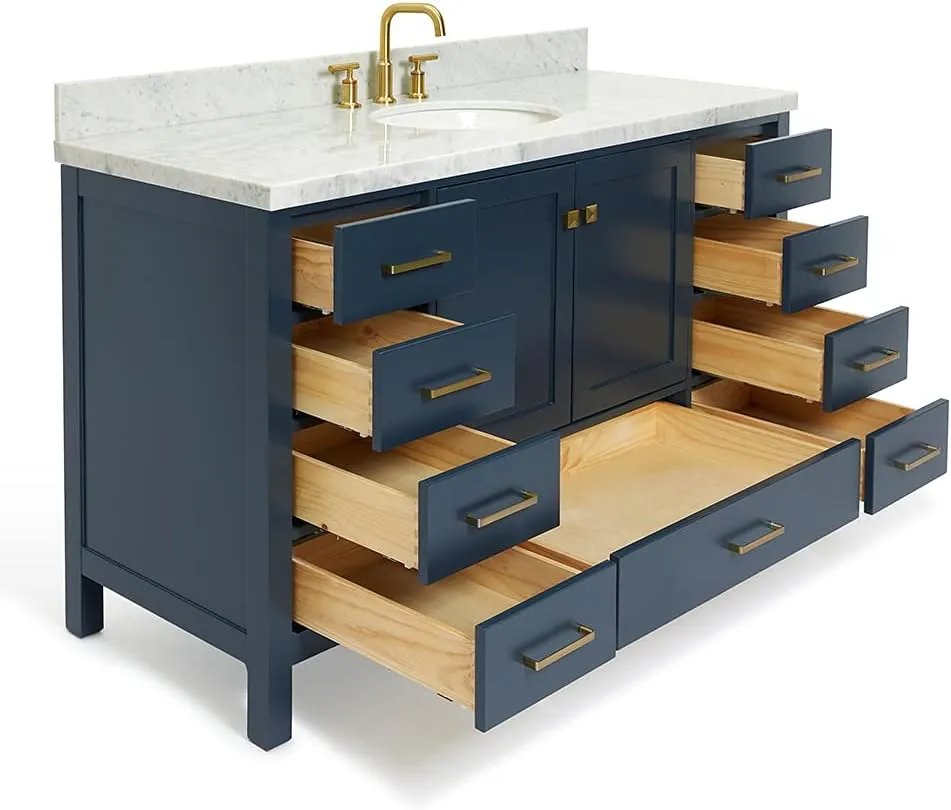 ARIEL 61" Midnight Blue Bathroom Vanity with 1.5" Edge Italian Carrara Marble Countertop & Backsplash, Center Oval Sink, 4 Soft Closing Doors, 6 Full Extension Dovetail Drawers, Satin Brass