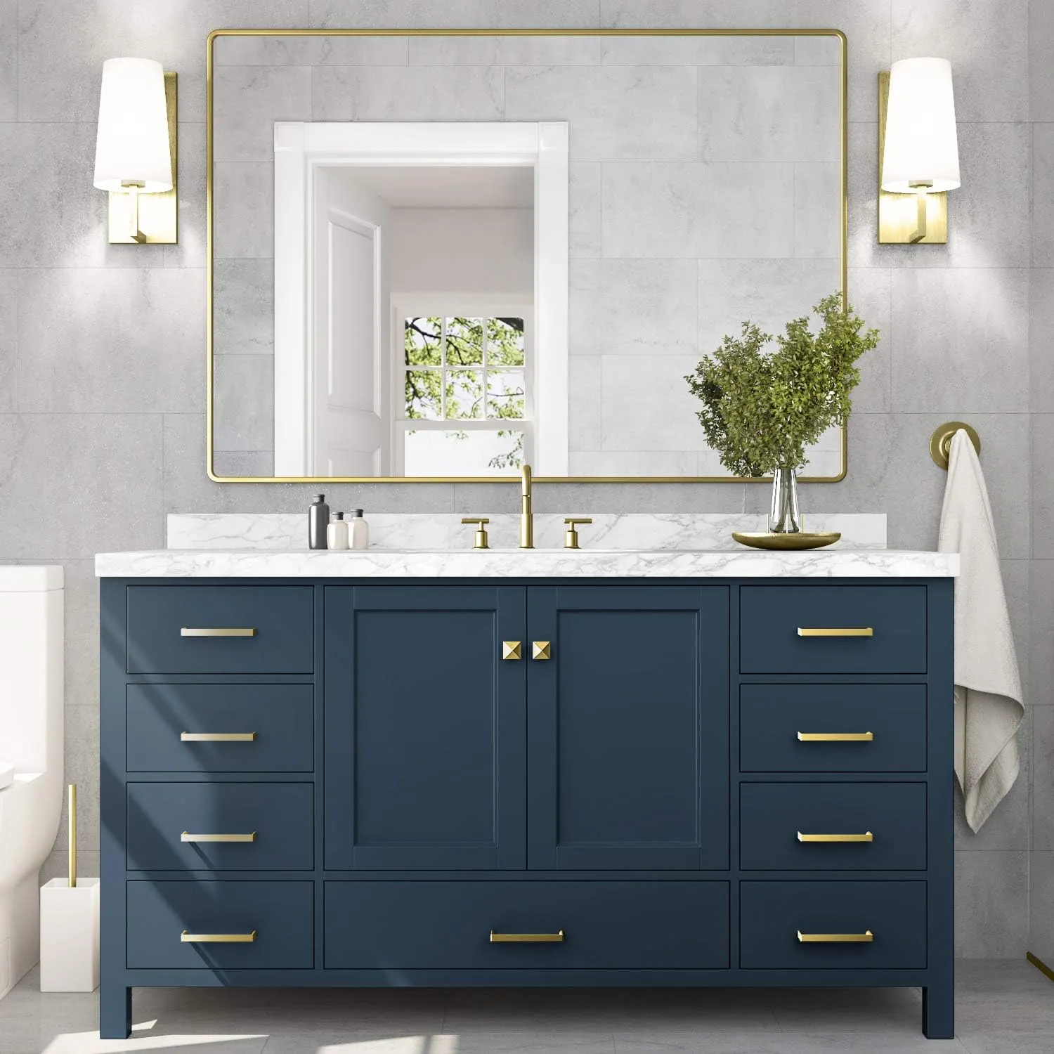 ARIEL 61" Midnight Blue Bathroom Vanity with 1.5" Edge Italian Carrara Marble Countertop & Backsplash, Center Oval Sink, 4 Soft Closing Doors, 6 Full Extension Dovetail Drawers, Satin Brass