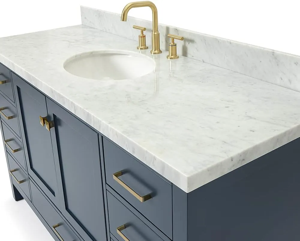ARIEL 61" Midnight Blue Bathroom Vanity with 1.5" Edge Italian Carrara Marble Countertop & Backsplash, Center Oval Sink, 4 Soft Closing Doors, 6 Full Extension Dovetail Drawers, Satin Brass