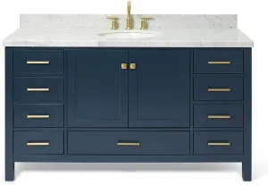 ARIEL 61" Midnight Blue Bathroom Vanity with 1.5" Edge Italian Carrara Marble Countertop & Backsplash, Center Oval Sink, 4 Soft Closing Doors, 6 Full Extension Dovetail Drawers, Satin Brass