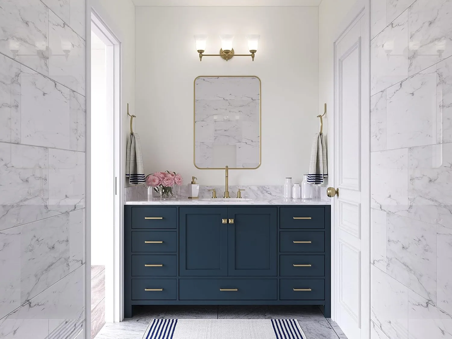 ARIEL 61" Midnight Blue Bathroom Vanity with 1.5" Edge Italian Carrara Marble Countertop & Backsplash, Center Oval Sink, 4 Soft Closing Doors, 6 Full Extension Dovetail Drawers, Satin Brass