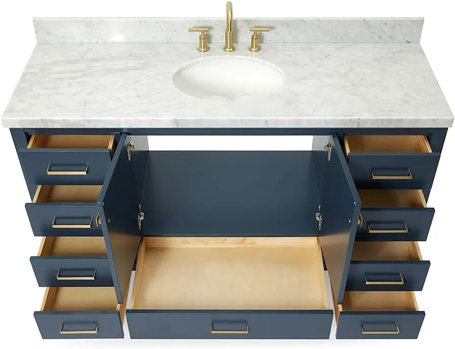 ARIEL 61" Midnight Blue Bathroom Vanity with 1.5" Edge Italian Carrara Marble Countertop & Backsplash, Center Oval Sink, 4 Soft Closing Doors, 6 Full Extension Dovetail Drawers, Satin Brass