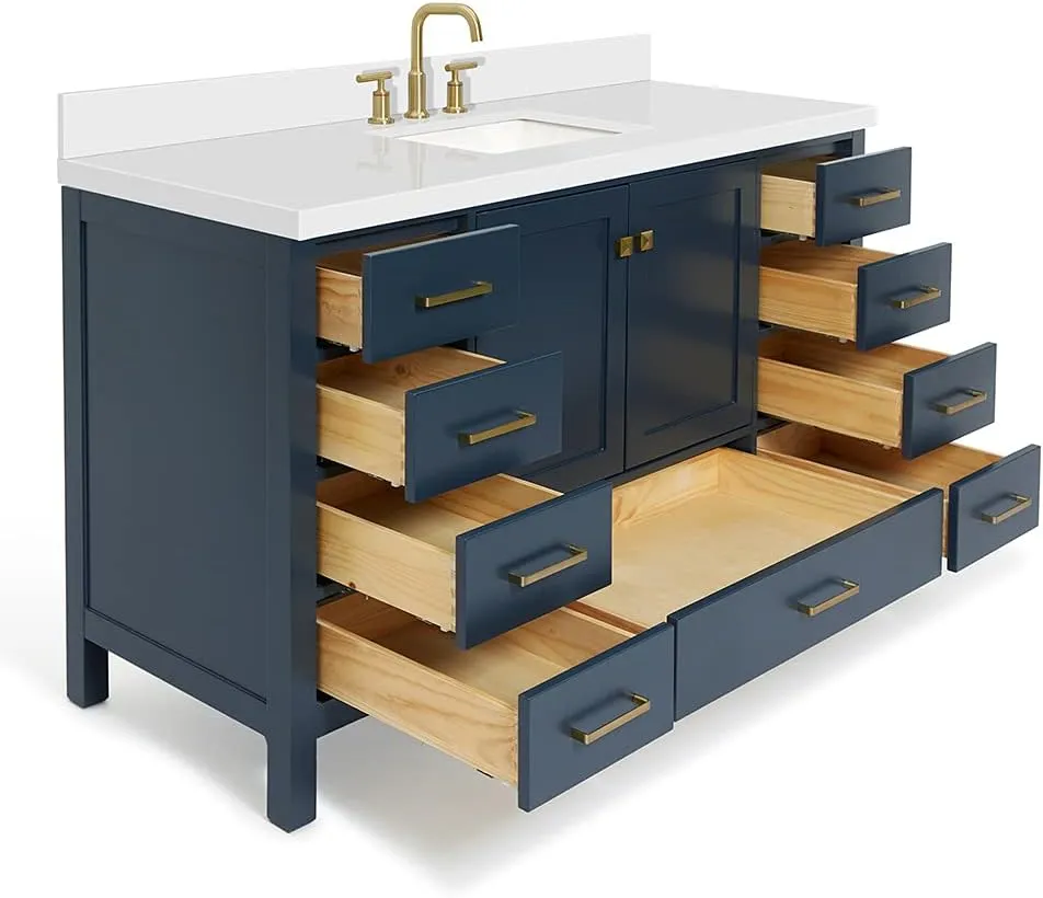 ARIEL 61" Midnight Blue Bathroom Vanity with 1.5" Edge Pure White Quartz Countertop & Backsplash, Center Rectangular Sink, 2 Soft Closing Doors, 9 Full Extension Dovetail Drawers, Satin Brass