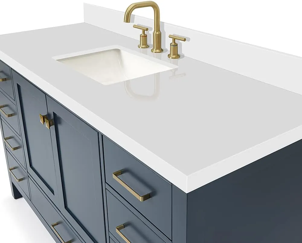 ARIEL 61" Midnight Blue Bathroom Vanity with 1.5" Edge Pure White Quartz Countertop & Backsplash, Center Rectangular Sink, 2 Soft Closing Doors, 9 Full Extension Dovetail Drawers, Satin Brass