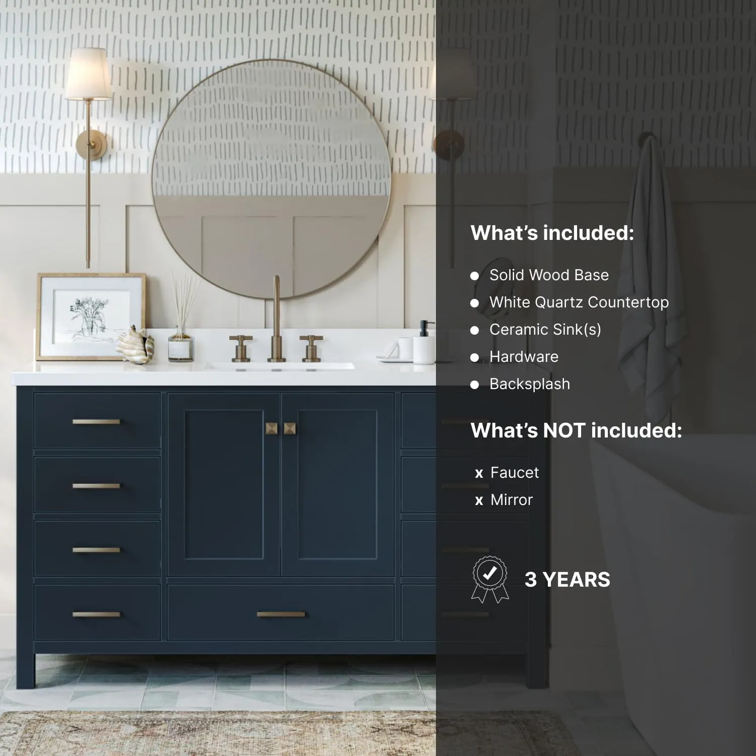 ARIEL 61" Midnight Blue Bathroom Vanity with 1.5" Edge Pure White Quartz Countertop & Backsplash, Center Rectangular Sink, 2 Soft Closing Doors, 9 Full Extension Dovetail Drawers, Satin Brass