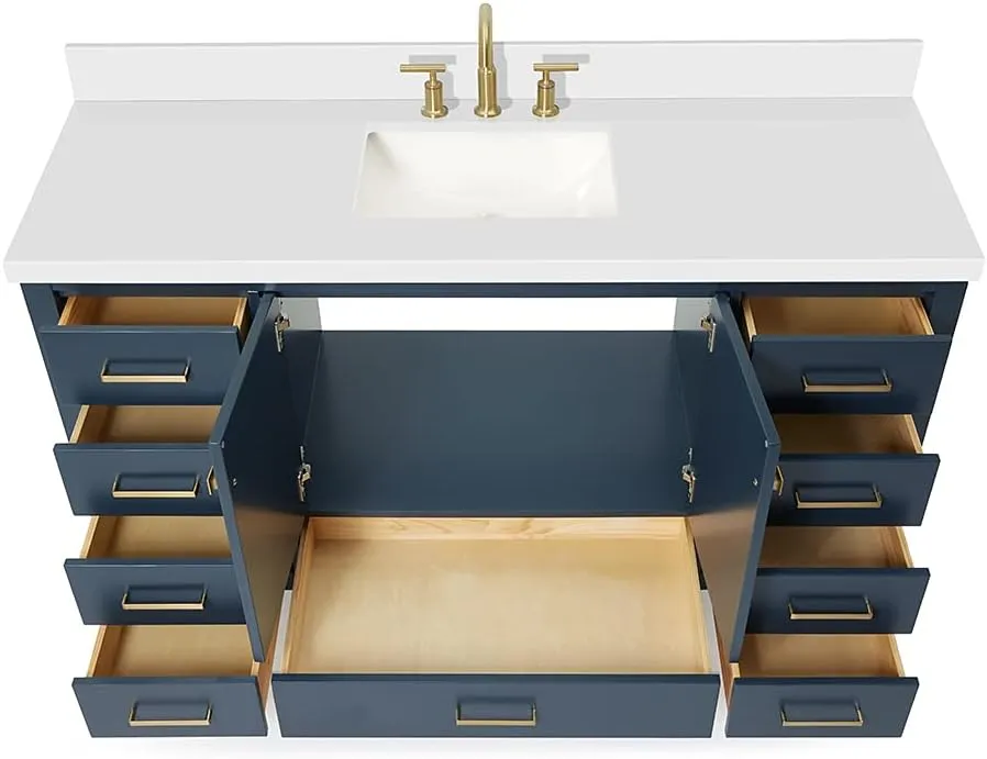 ARIEL 61" Midnight Blue Bathroom Vanity with 1.5" Edge Pure White Quartz Countertop & Backsplash, Center Rectangular Sink, 2 Soft Closing Doors, 9 Full Extension Dovetail Drawers, Satin Brass