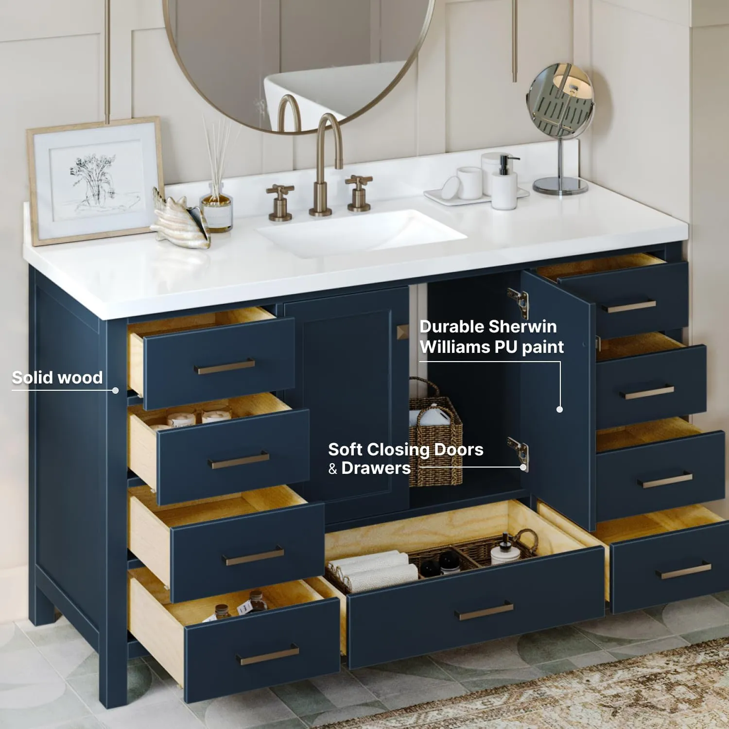 ARIEL 61" Midnight Blue Bathroom Vanity with 1.5" Edge Pure White Quartz Countertop & Backsplash, Center Rectangular Sink, 2 Soft Closing Doors, 9 Full Extension Dovetail Drawers, Satin Brass