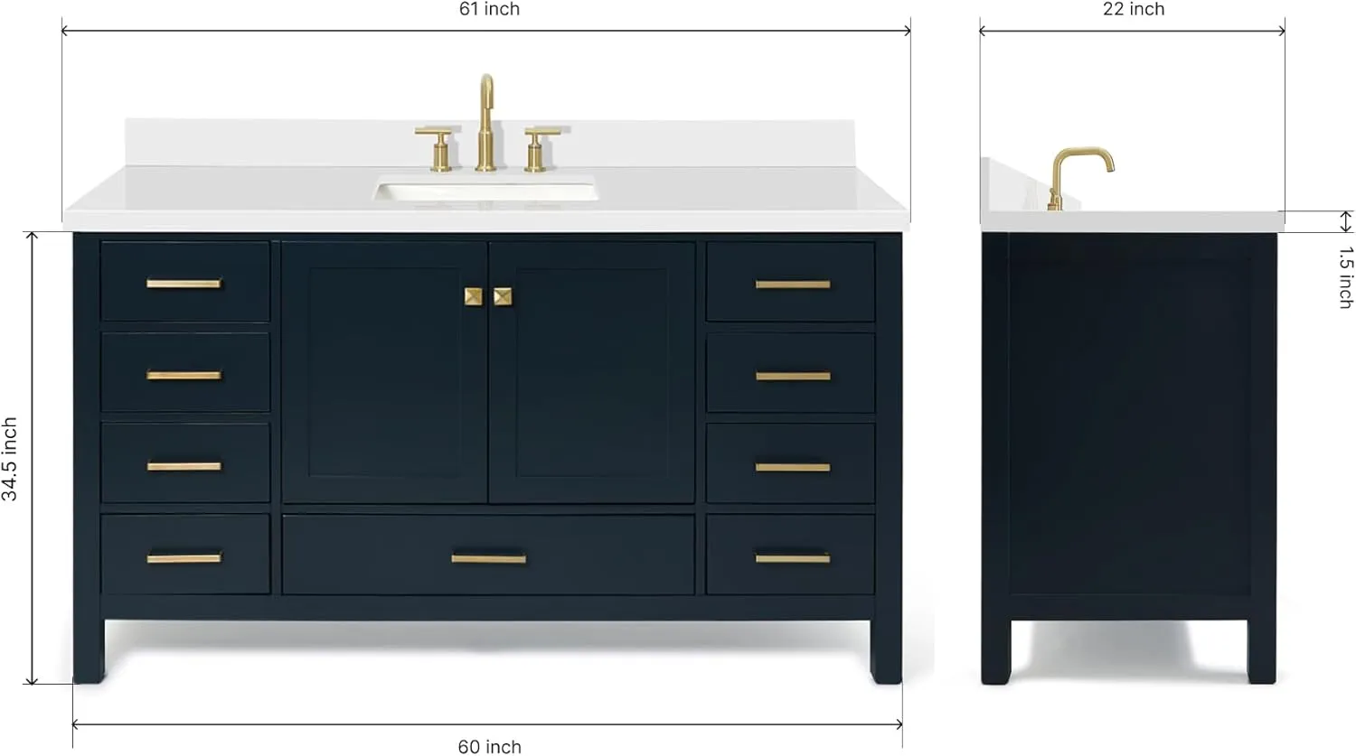 ARIEL 61" Midnight Blue Bathroom Vanity with 1.5" Edge Pure White Quartz Countertop & Backsplash, Center Rectangular Sink, 2 Soft Closing Doors, 9 Full Extension Dovetail Drawers, Satin Brass