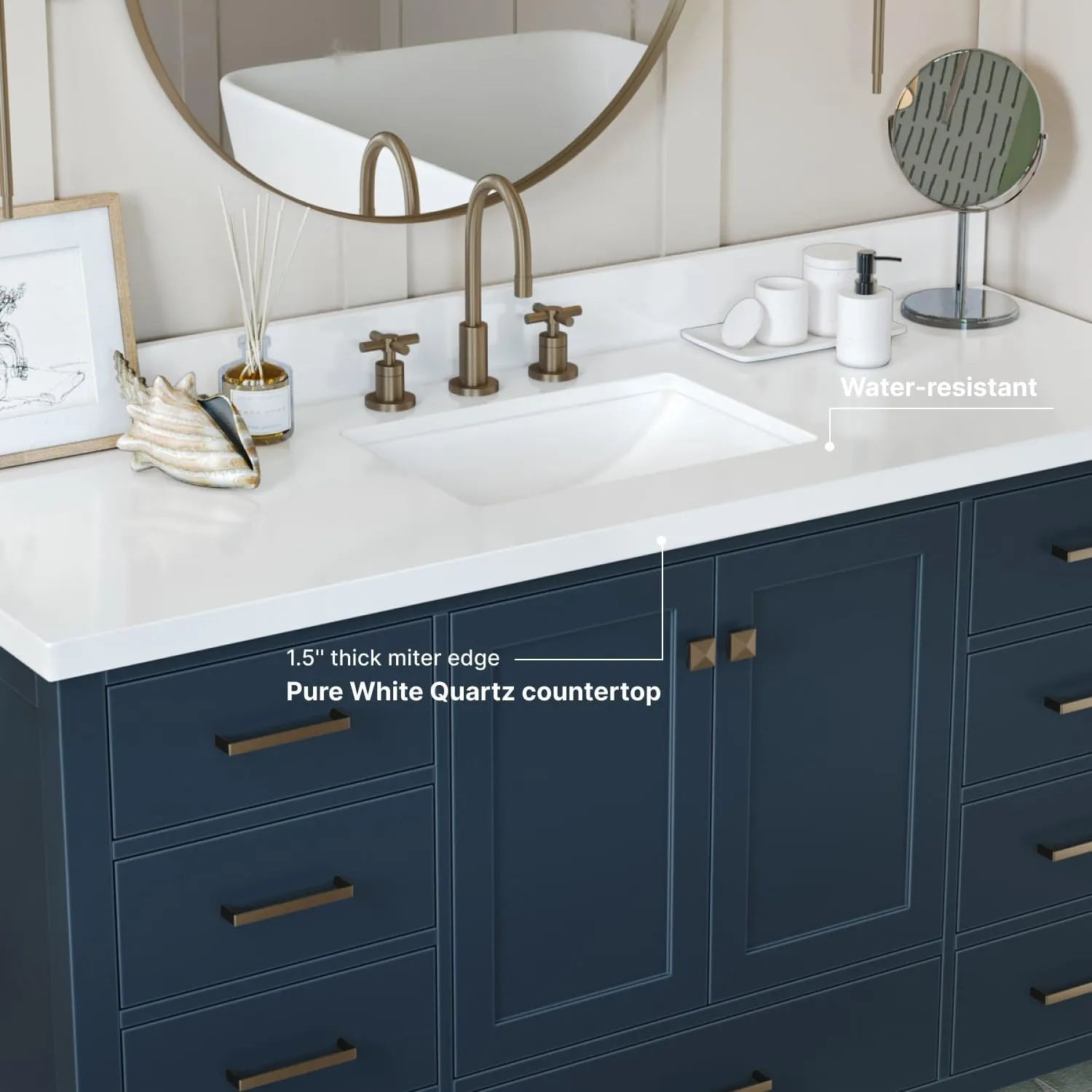 ARIEL 61" Midnight Blue Bathroom Vanity with 1.5" Edge Pure White Quartz Countertop & Backsplash, Center Rectangular Sink, 2 Soft Closing Doors, 9 Full Extension Dovetail Drawers, Satin Brass