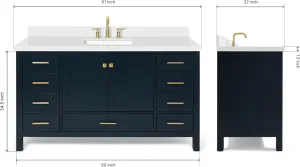 ARIEL 61" Midnight Blue Bathroom Vanity with 1.5" Edge Pure White Quartz Countertop & Backsplash, Center Rectangular Sink, 2 Soft Closing Doors, 9 Full Extension Dovetail Drawers, Satin Brass